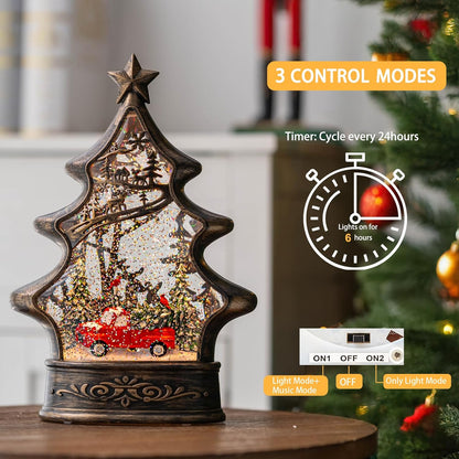 Skiennix Snow Globe Lantern - 11.5 Inch Musical Christmas Tree Figurine with Red Truck & Glitter