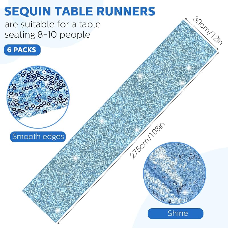 Lake Blue 6-Piece 12 x 108 Inch Sequin Table Runner Set - Glitter Decor