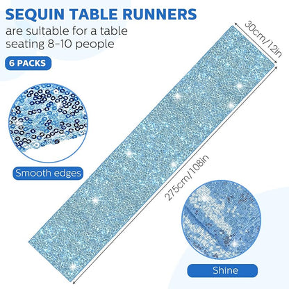 Lake Blue 6-Piece 12 x 108 Inch Sequin Table Runner Set - Glitter Decor