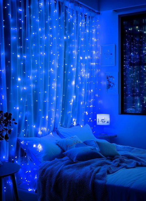 Brightown 300 LED Blue Fairy Curtain Lights - 9.8ft x 9.8ft String Lights with Remote & 8 Modes for Indoor/Outdoor Use