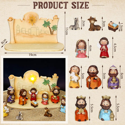 Skiennix Mini Christmas Nativity Set - 11 Colorful Figurines with Light | Rearrangeable Manger Decor