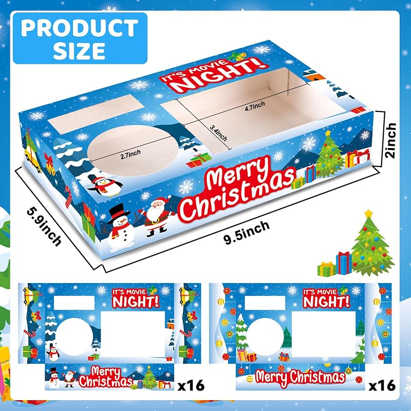 Christmas Movie Night Snack Tray Set – 32pc Paper Popcorn & Drink Holders for Party, Snowman & Santa Snow-themed
