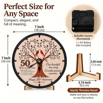 50th Anniversary Wooden Clock Keepsake - Tree of Life, Cardinal Design, 7-Inch Desk Clock