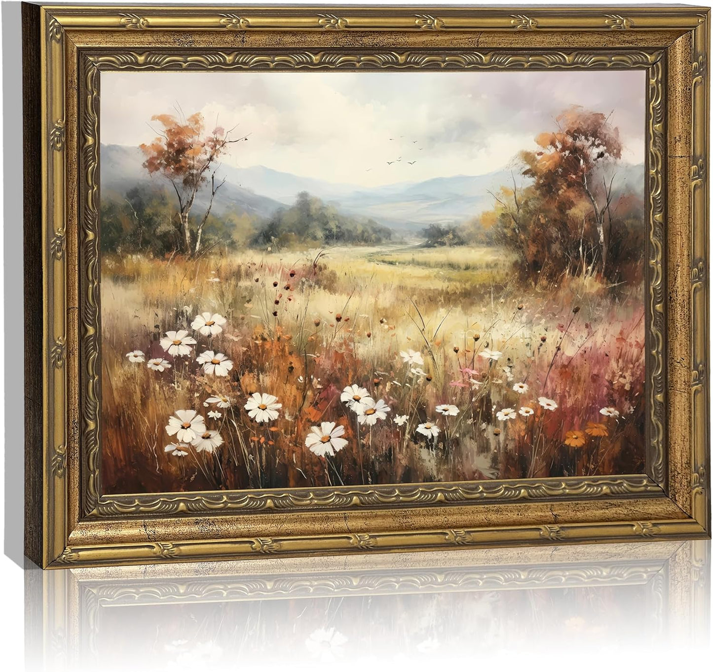 Vintage Gold Framed Wall Art - Retro Floral Landscape Canvas Print for Living Room & Bedroom | 9x11 Inch