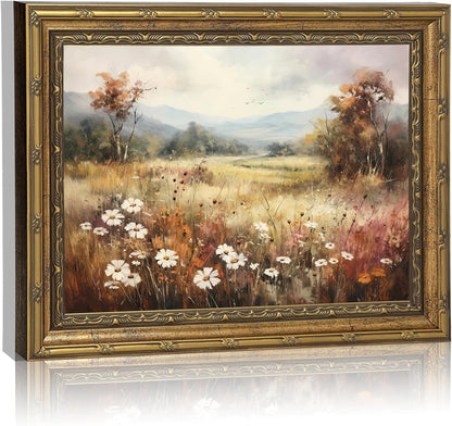 Vintage Gold Framed Wall Art - Retro Floral Landscape Canvas Print for Living Room & Bedroom | 9x11 Inch