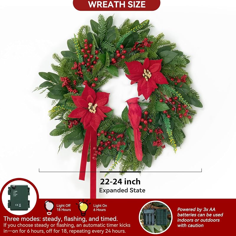 24-Inch Pre-Lit Christmas Door Wreath with Cardinal Birds & Poinsettia
