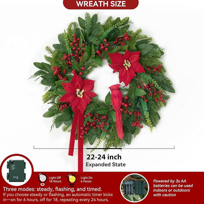 24-Inch Pre-Lit Christmas Door Wreath with Cardinal Birds & Poinsettia