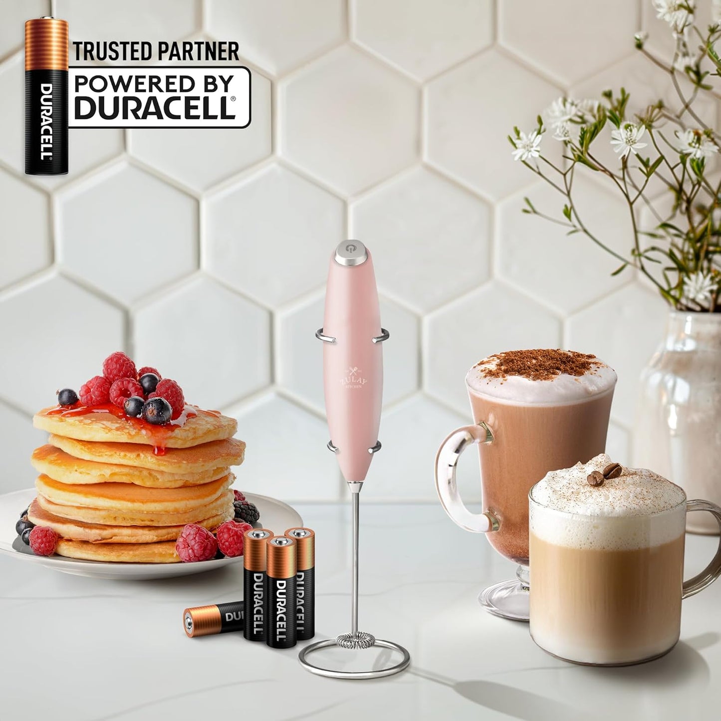 Zulay Kitchen Milk Frother Wand - Ultra-Fast Handheld Electric Whisk for Coffee & Lattes - Pink Salt