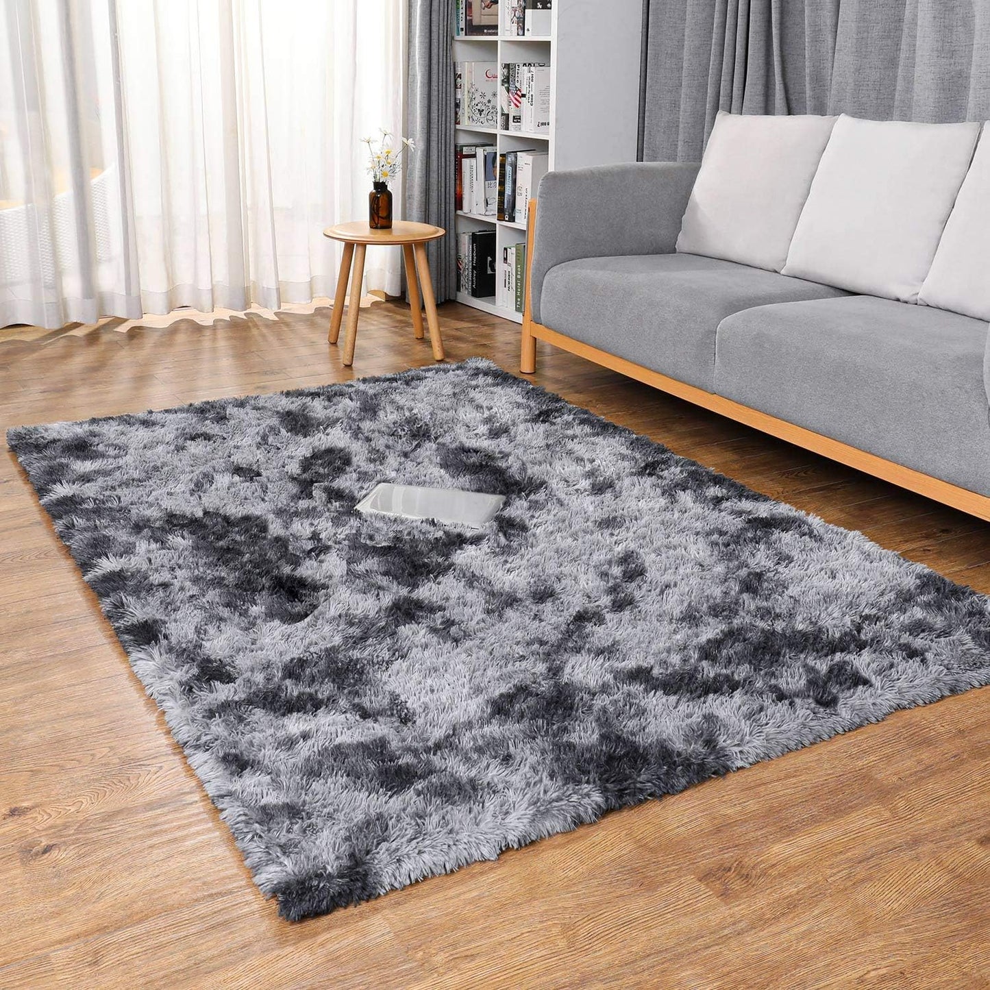 Ophanie Soft Fluffy Shaggy Area Rug - Aesthetic Tie-Dyed Black & Light Grey | 4x6 Ft for Bedroom, Living Room, Nursery