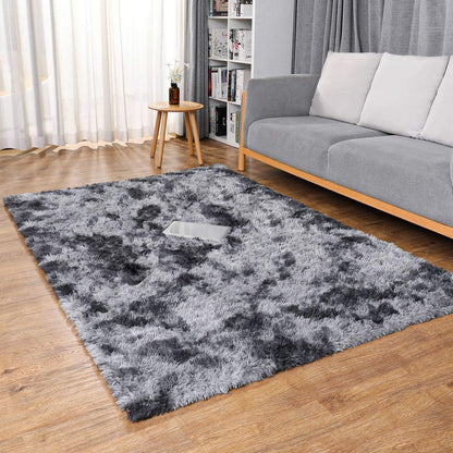 Ophanie Soft Fluffy Shaggy Area Rug - Aesthetic Tie-Dyed Black & Light Grey | 4x6 Ft for Bedroom, Living Room, Nursery