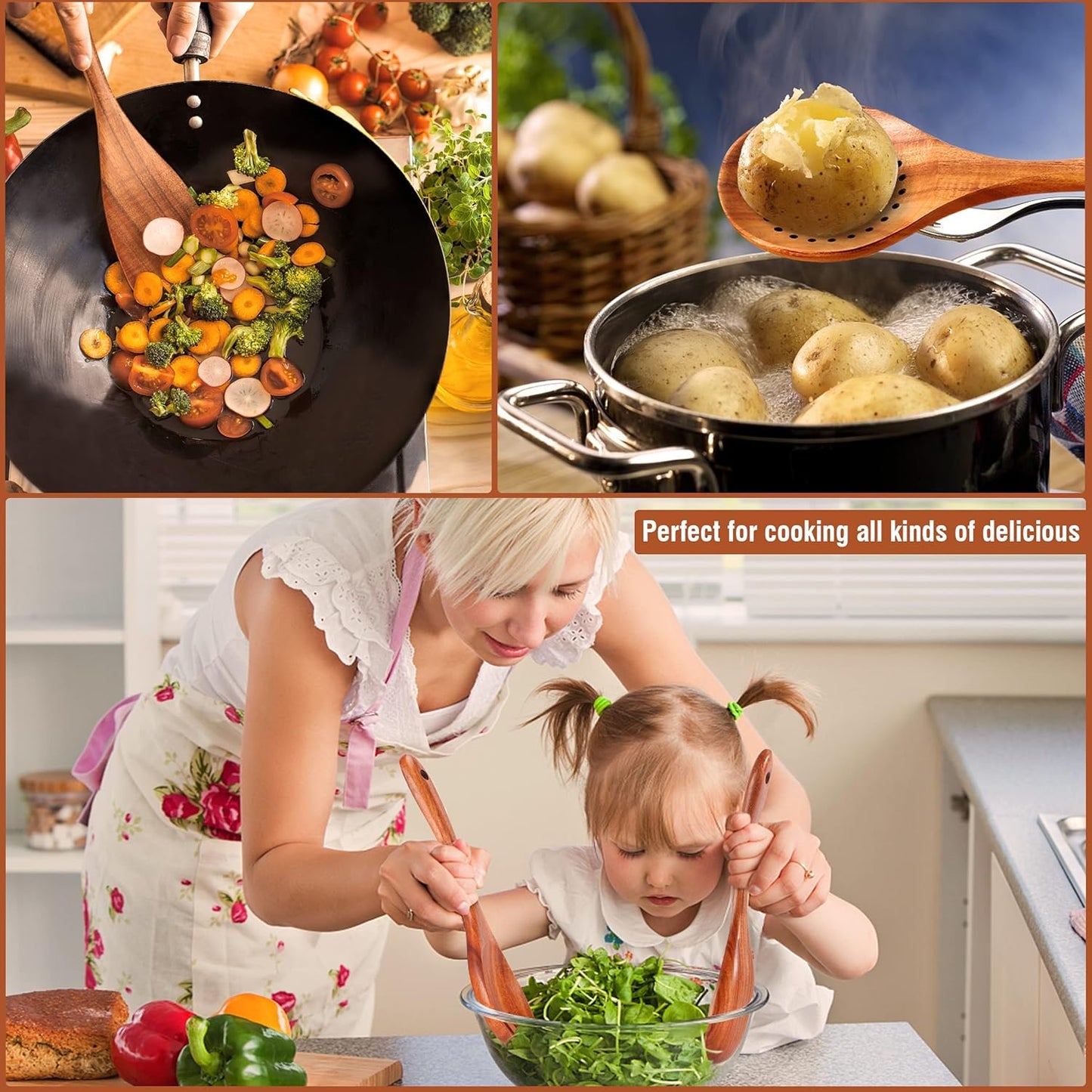 Mooues 9-Piece Natural Teak Wooden Kitchen Utensil Set - Comfort Grip Cooking Tools with Spoon Rest