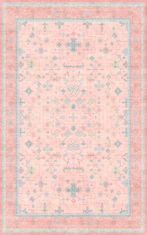 Hazo Haus Washable 5x8 Boho Aesthetic Area Rug - Pink & Blue Vintage Design for Kids' Rooms