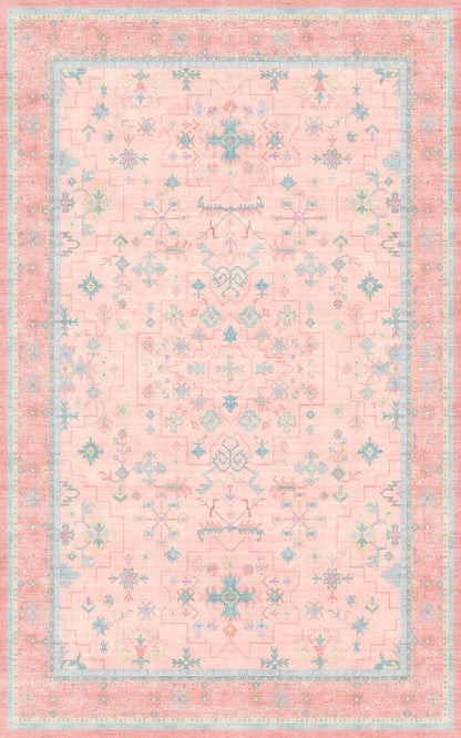 Hazo Haus Washable 5x8 Boho Aesthetic Area Rug - Pink & Blue Vintage Design for Kids' Rooms