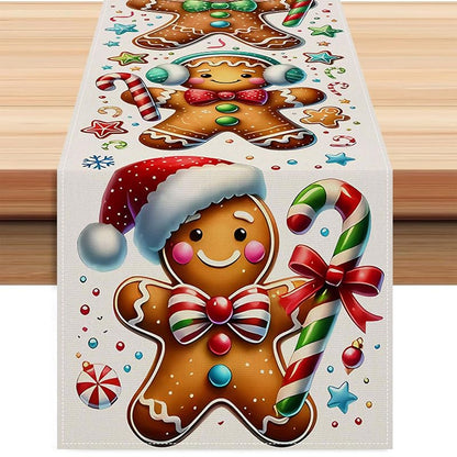Ging erbread Man Christmas Table Runner 13x72 Polyester Red Green Victorian