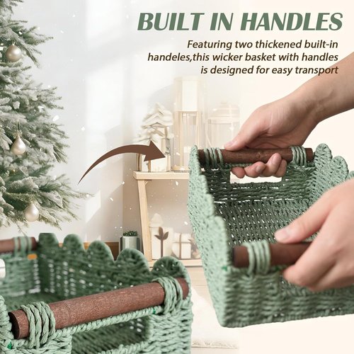Handwoven Wicker Basket Set of 2 - Small Scalloped Toilet Paper Storage with Handles | Green