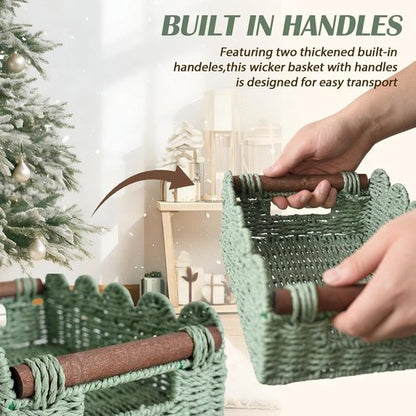 Handwoven Wicker Basket Set of 2 - Small Scalloped Toilet Paper Storage with Handles | Green