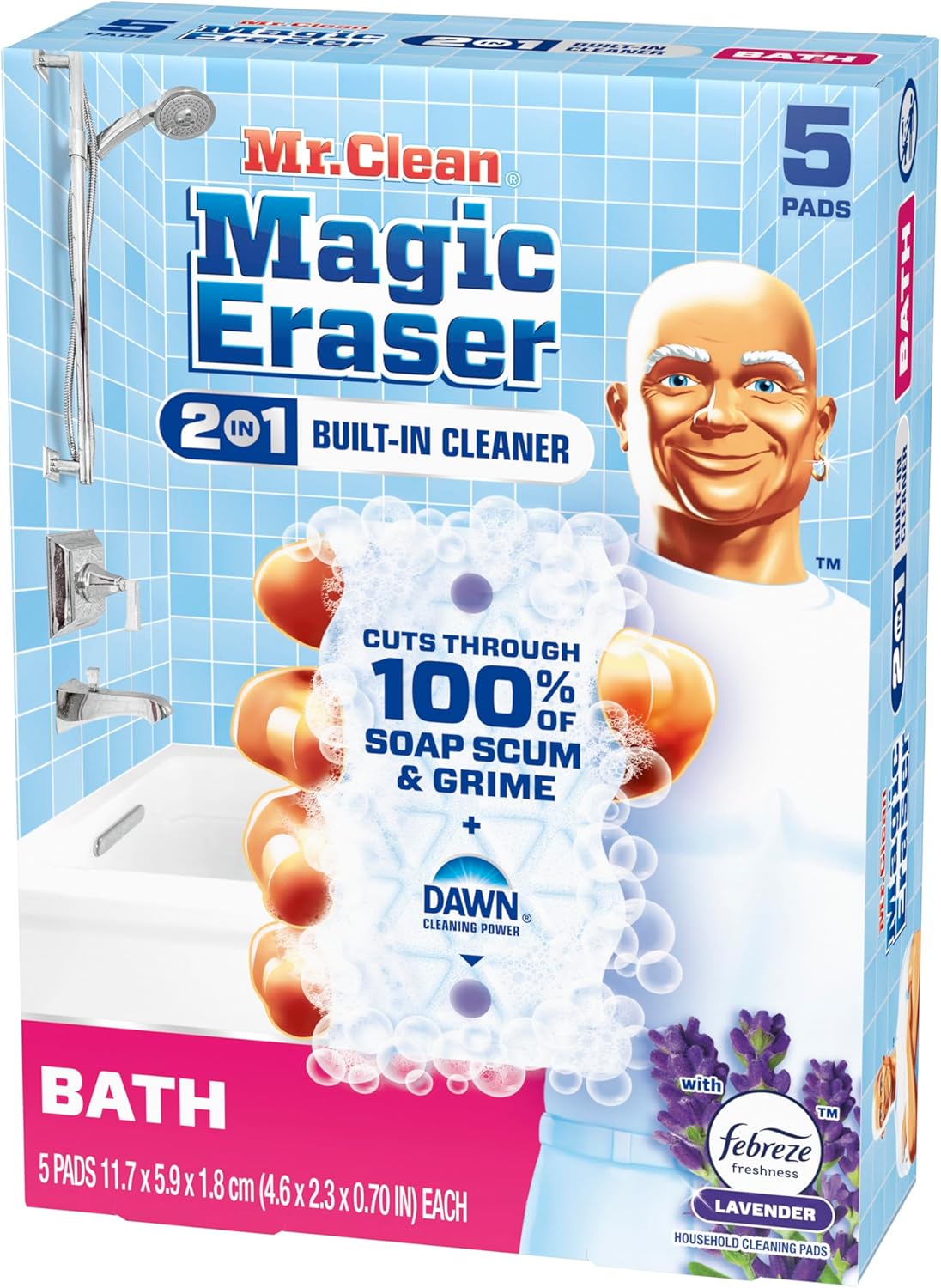 Mr. Clean Magic Eraser Sponge - Powerful Bathroom Cleaner with Febreze Lavender Scent | 5 Count