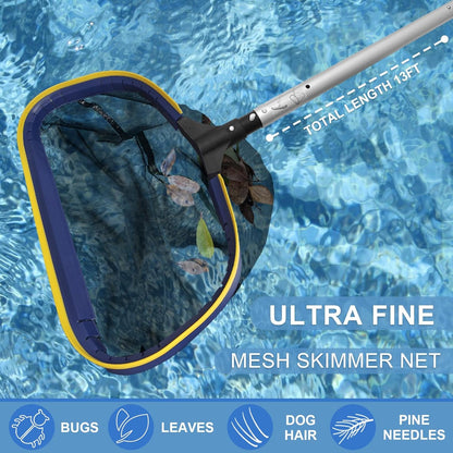 Poolvio 5-in-1 Pool Cleaning Kit - Semi-Deep Skimmer, Aluminum Leaf Rake & 20' Brush with 13ft Pole