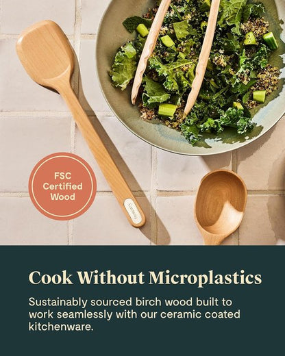 Caraway Wooden Utensil Set | 5-Piece Eco-Friendly Cooking Tools - Spoon, Server, Scraper, Spatula & Tongs - FSC-Certified Birch Wood