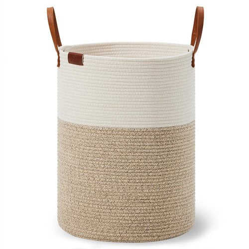 VIPOSCO Tall Laundry Basket, Large Dirty Clothes Hamper with Leather Handle, Woven Rope Storage Basket for Blanket, Toy In Living Room, Bathroom, Bedroom - 100L White & Brown