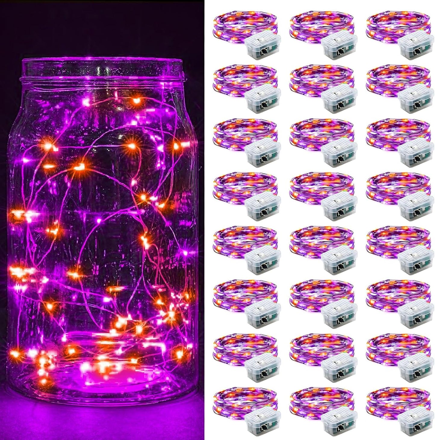 Skiennix 24 Pack Fairy Lights - 7Ft 20 LED Twinkle String Lights | Battery Operated & Waterproof for Mason Jar Decor, Parties & Weddings in Orange & Purple