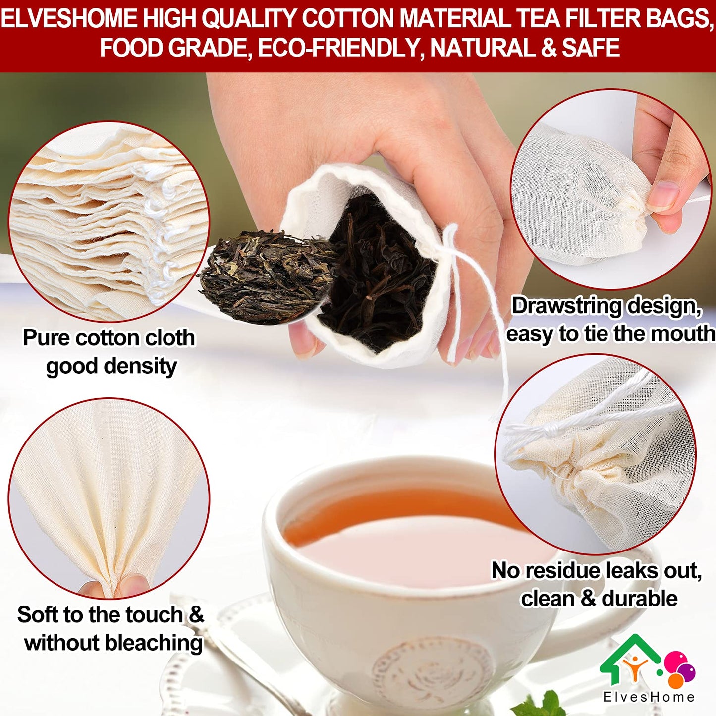 100 Pack Tea Filter Bags with Drawstring, Tea Filter Bags for Loose Tea, Reusable Tea Filter Bags, Disposable Tea Infuser Sachets for Tea Leaf Coffee Brew, Cheesecloth Mesh Muslin Strain Bags 3x4 inch