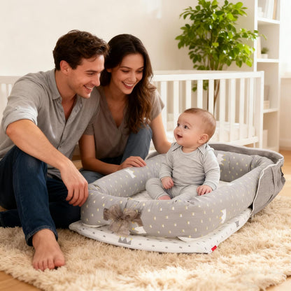 **Baby Lounger | 100% Cotton Breathable Infant Support Cushion - Adjustable Size, Portable for Home & Travel (Crown Grey)**