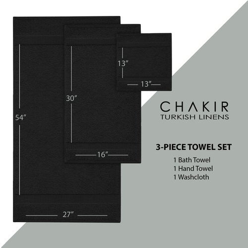 Chakir Turkish Linens | Hotel & Spa Quality 100% Cotton Premium Turkish Towels | Soft & Absorbent (3-Piece Towel Sets, Black)