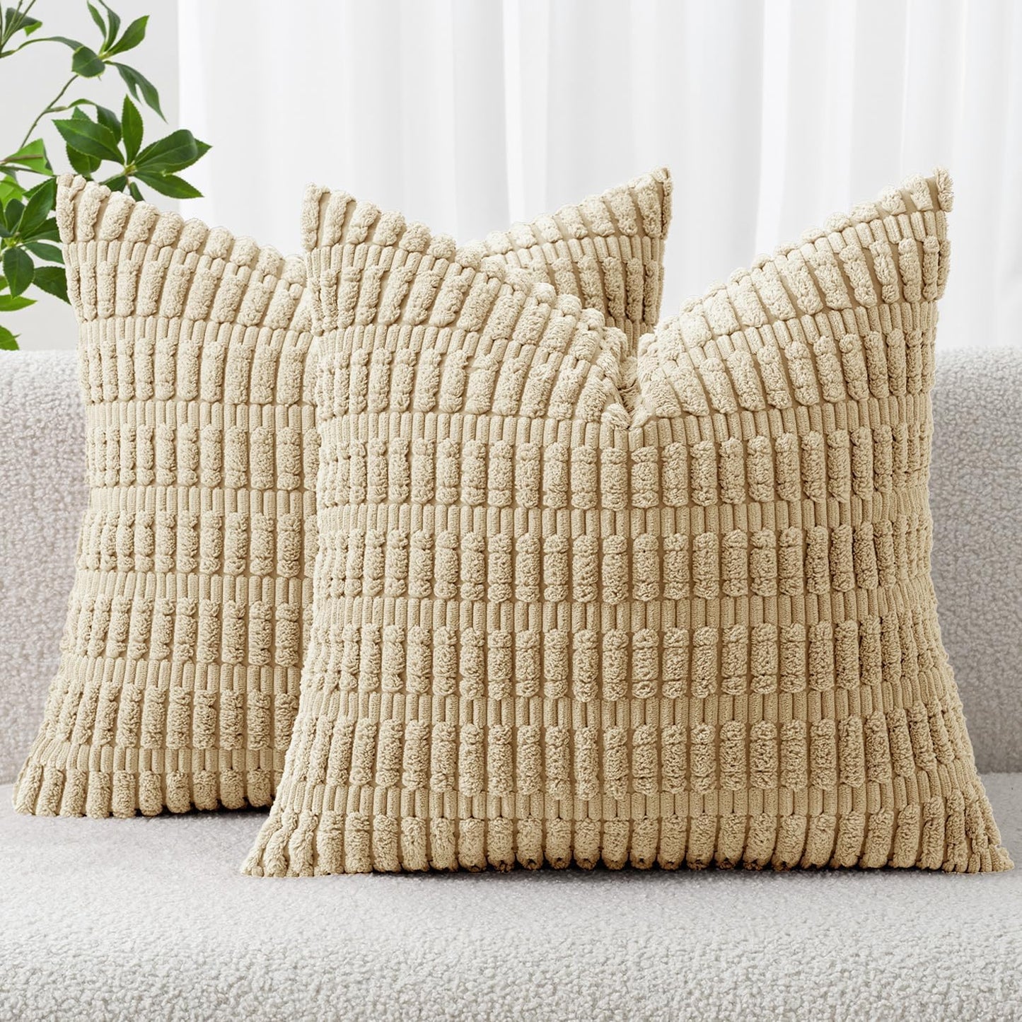 MIULEE Corduroy Throw Pillow Covers - Soft Boho Striped Design | 16x16 Inch Tan for Modern Farmhouse Decor