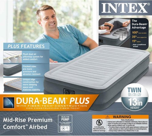 Intex Recreation Comfort Plush Mid Rise Airbed - Built-In Electric Pump | Twin Size, 13" Height