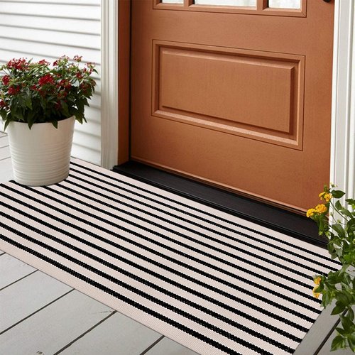 LEEVAN Outdoor Rug Runner - Black and White Striped Cotton Woven Doormat | 2x4 Feet, Washable for Home Use