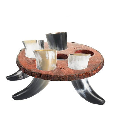 Viking Drinking Horn Set of 5 with Wooden Tray & Opener - Handmade Ox Horn Cups for Mead, Beer