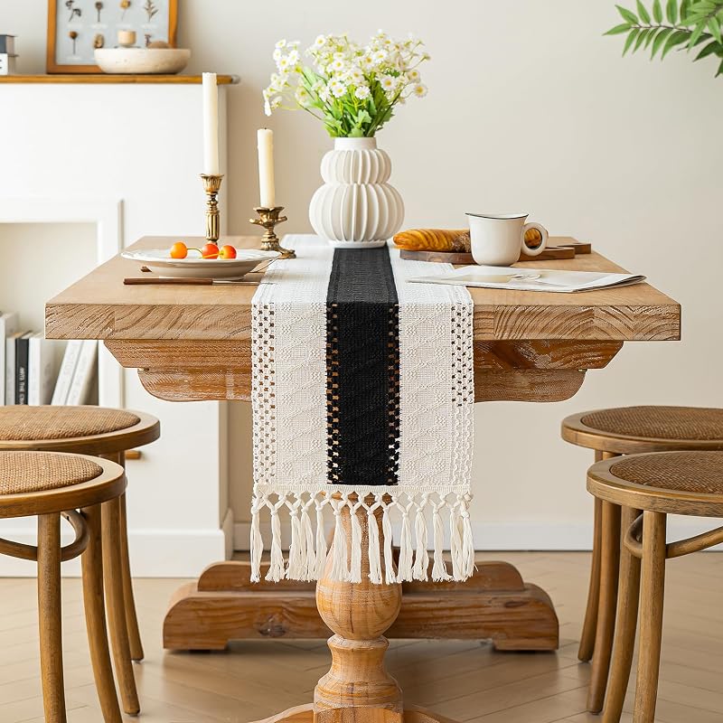 Shadow Black 12x90 In. Farmhouse Table Runner - Boho Bohemian Silk Polyester Cotton, 90" Long
