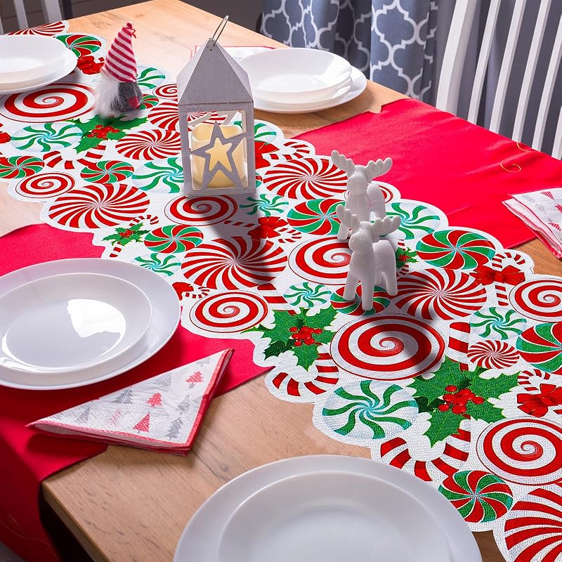Candy Cane Christmas Table Runner - Burlap 71 x 14 Inches