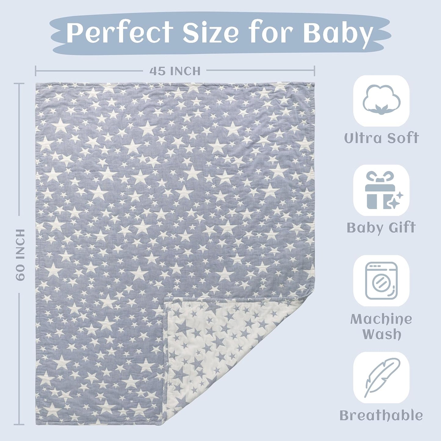 NTBAY Oversized Muslin Cotton Toddler Blanket - Super Soft Reversible Nursery Blanket, 45x60 Inches, Blue/White Star