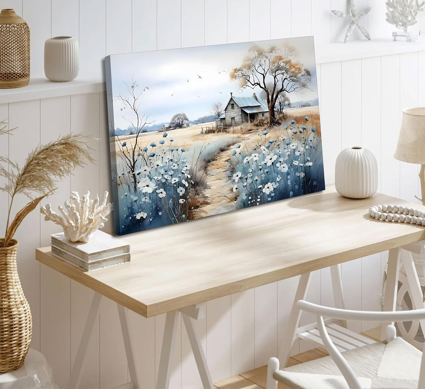 Rustic Farmhouse Canvas Wall Art - Beautiful Wildflower Barn Painting | Nature Scenery Poster 16x24in