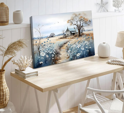 Rustic Farmhouse Canvas Wall Art - Beautiful Wildflower Barn Painting | Nature Scenery Poster 16x24in