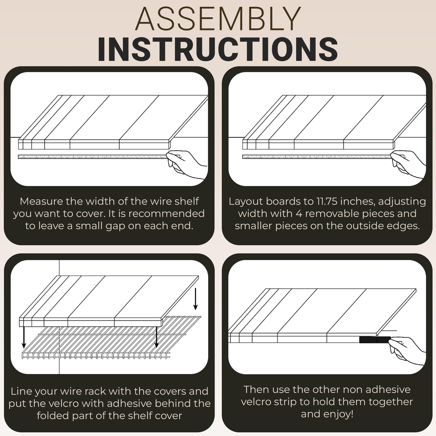 LEAPOAK Wire Shelf Cover - Adjustable Engineered Wood Panels with Extra Modular Pieces - Custom Fit for Pantry, Closet, & Kitchen Wire Shelving - Velcro Secures in Place - Smooth Finish (Light Wood)