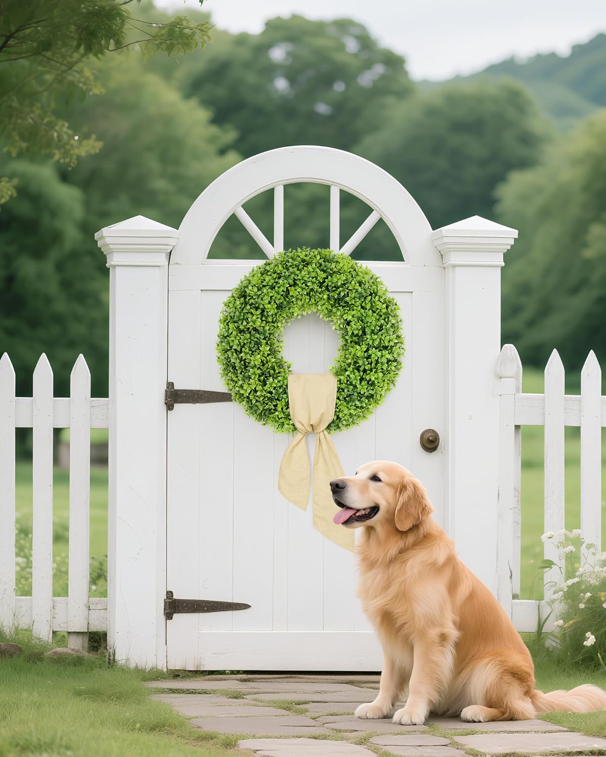Vlorart 23-Inch Large Boxwood Door Wreath - All-Season Artificial Greenery with Sash & Bow | Perfect for Indoor & Outdoor Decor