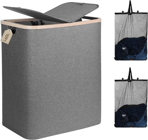 DOKEHOM Double Laundry Basket - 160L Collapsible Hamper with Removable Lid & Bags | Dark Grey