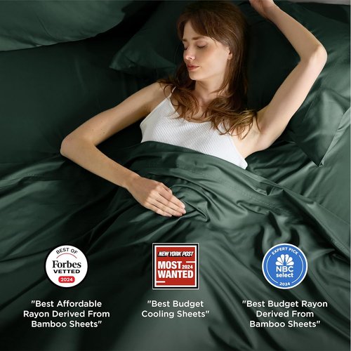 Bedsure Queen Sheet Set - Cooling Rayon Bamboo Sheets | Breathable & Soft, Deep Pocket 16" - Forest Green