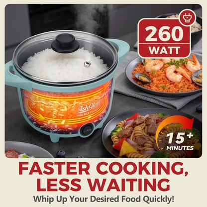AshGlen Mini Rice Cooker - 2-Cup Uncooked | Electric Hot Pot & Steamer in Aqua Finish