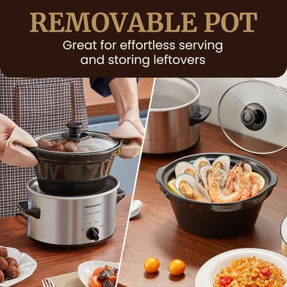 Elite Gourmet MST-275XS Electric Oval Slow Cooker - Adjustable Temperature, 2 Quart, Stainless Steel, Dishwasher Safe Lid