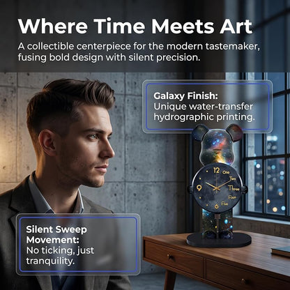Large Galaxy-Themed Bear Figurine Clock – Desktop Timepiece, Quiet Battery-Powered