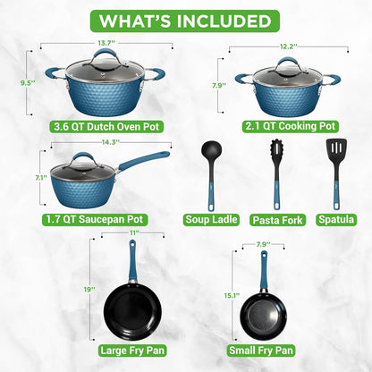 NutriChef 11-Piece Non-Stick Cookware Set - Ceramic Coating, Ergonomic Handles, Induction Ready | Royal Blue