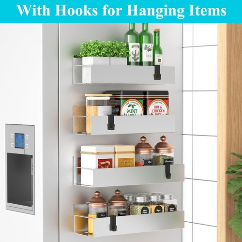 HuggieGems Magnetic Spice Storage Rack - 4 Pack Organizer for Refrigerator & Oven | Silver Finish