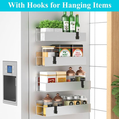 HuggieGems Magnetic Spice Storage Rack - 4 Pack Organizer for Refrigerator & Oven | Silver Finish