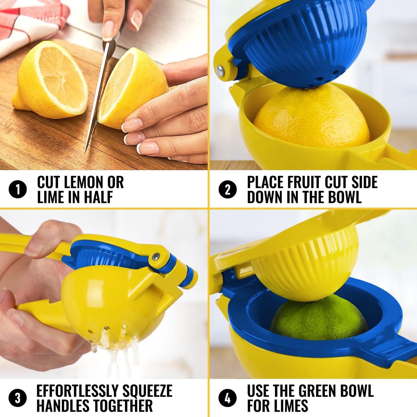 Zulay Metal 2-In-1 Lemon Squeezer Manual - Sturdy, Max Extraction Hand Juicer Lemon Squeezer Gets Every Last Drop - Easy to Clean Manual Citrus Juicer - Easy-to-Use Lemon Juicer Squeezer - Gold/Blue