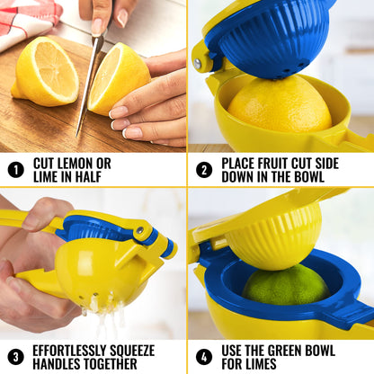 Zulay Metal 2-In-1 Lemon Squeezer Manual - Sturdy, Max Extraction Hand Juicer Lemon Squeezer Gets Every Last Drop - Easy to Clean Manual Citrus Juicer - Easy-to-Use Lemon Juicer Squeezer - Gold/Blue