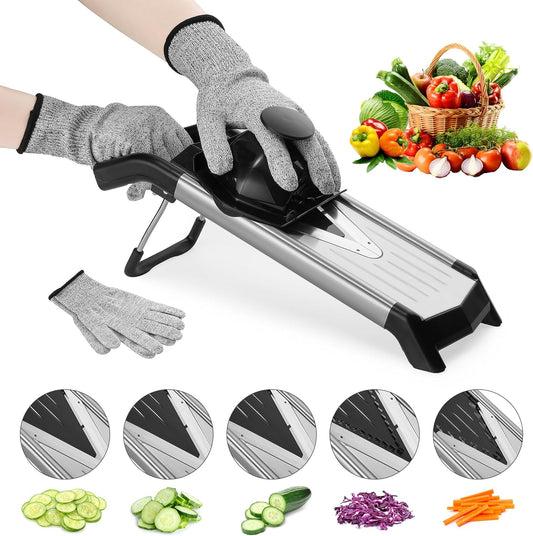 Supernal 5-in-1 Adjustable Mandoline Slicer - Durable Stainless Steel Vegetable Cutter with Cut-Resistant Gloves | Ideal for Potatoes, Tomatoes, Carrots, Onions & More